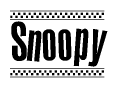 The image contains the text Snoopy in a bold, stylized font, with a checkered flag pattern bordering the top and bottom of the text.