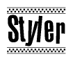 The image is a black and white clipart of the text Styler in a bold, italicized font. The text is bordered by a dotted line on the top and bottom, and there are checkered flags positioned at both ends of the text, usually associated with racing or finishing lines.