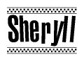 The clipart image displays the text Sheryll in a bold, stylized font. It is enclosed in a rectangular border with a checkerboard pattern running below and above the text, similar to a finish line in racing. 