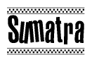 The image is a black and white clipart of the text Sumatra in a bold, italicized font. The text is bordered by a dotted line on the top and bottom, and there are checkered flags positioned at both ends of the text, usually associated with racing or finishing lines.