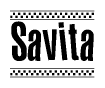 The image contains the text Savita in a bold, stylized font, with a checkered flag pattern bordering the top and bottom of the text.