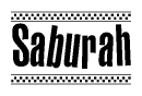 The image is a black and white clipart of the text Saburah in a bold, italicized font. The text is bordered by a dotted line on the top and bottom, and there are checkered flags positioned at both ends of the text, usually associated with racing or finishing lines.