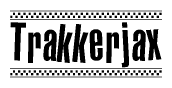 The image is a black and white clipart of the text Trakkerjax in a bold, italicized font. The text is bordered by a dotted line on the top and bottom, and there are checkered flags positioned at both ends of the text, usually associated with racing or finishing lines.