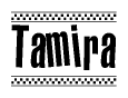 The clipart image displays the text Tamira in a bold, stylized font. It is enclosed in a rectangular border with a checkerboard pattern running below and above the text, similar to a finish line in racing. 