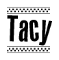 The image is a black and white clipart of the text Tacy in a bold, italicized font. The text is bordered by a dotted line on the top and bottom, and there are checkered flags positioned at both ends of the text, usually associated with racing or finishing lines.