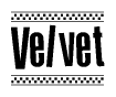 The clipart image displays the text Velvet in a bold, stylized font. It is enclosed in a rectangular border with a checkerboard pattern running below and above the text, similar to a finish line in racing. 