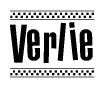 The image contains the text Verlie in a bold, stylized font, with a checkered flag pattern bordering the top and bottom of the text.