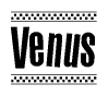 The image is a black and white clipart of the text Venus in a bold, italicized font. The text is bordered by a dotted line on the top and bottom, and there are checkered flags positioned at both ends of the text, usually associated with racing or finishing lines.