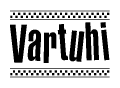 The image contains the text Vartuhi in a bold, stylized font, with a checkered flag pattern bordering the top and bottom of the text.