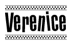 The clipart image displays the text Verenice in a bold, stylized font. It is enclosed in a rectangular border with a checkerboard pattern running below and above the text, similar to a finish line in racing. 