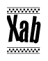 The image is a black and white clipart of the text Xab in a bold, italicized font. The text is bordered by a dotted line on the top and bottom, and there are checkered flags positioned at both ends of the text, usually associated with racing or finishing lines.