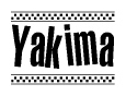The image is a black and white clipart of the text Yakima in a bold, italicized font. The text is bordered by a dotted line on the top and bottom, and there are checkered flags positioned at both ends of the text, usually associated with racing or finishing lines.