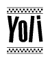 The image contains the text Yoli in a bold, stylized font, with a checkered flag pattern bordering the top and bottom of the text.