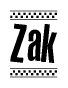 The image is a black and white clipart of the text Zak in a bold, italicized font. The text is bordered by a dotted line on the top and bottom, and there are checkered flags positioned at both ends of the text, usually associated with racing or finishing lines.