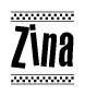 The image contains the text Zina in a bold, stylized font, with a checkered flag pattern bordering the top and bottom of the text.