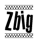 The image contains the text Zbig in a bold, stylized font, with a checkered flag pattern bordering the top and bottom of the text.