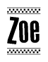 The image contains the text Zoe in a bold, stylized font, with a checkered flag pattern bordering the top and bottom of the text.