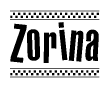 The image is a black and white clipart of the text Zorina in a bold, italicized font. The text is bordered by a dotted line on the top and bottom, and there are checkered flags positioned at both ends of the text, usually associated with racing or finishing lines.