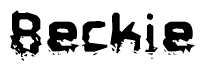This nametag says Beckie, and has a static looking effect at the bottom of the words. The words are in a stylized font.