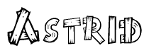 The clipart image shows the name Astrid stylized to look as if it has been constructed out of wooden planks or logs. Each letter is designed to resemble pieces of wood.
