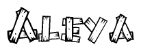 The image contains the name Aleya written in a decorative, stylized font with a hand-drawn appearance. The lines are made up of what appears to be planks of wood, which are nailed together