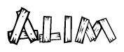 The clipart image shows the name Alim stylized to look as if it has been constructed out of wooden planks or logs. Each letter is designed to resemble pieces of wood.