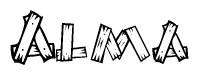 The clipart image shows the name Alma stylized to look like it is constructed out of separate wooden planks or boards, with each letter having wood grain and plank-like details.
