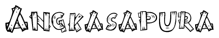 The image contains the name Angkasapura written in a decorative, stylized font with a hand-drawn appearance. The lines are made up of what appears to be planks of wood, which are nailed together