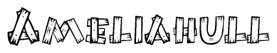 The clipart image shows the name Ameliahull stylized to look as if it has been constructed out of wooden planks or logs. Each letter is designed to resemble pieces of wood.