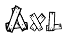 The image contains the name Axl written in a decorative, stylized font with a hand-drawn appearance. The lines are made up of what appears to be planks of wood, which are nailed together