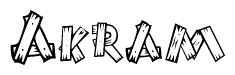 The clipart image shows the name Akram stylized to look as if it has been constructed out of wooden planks or logs. Each letter is designed to resemble pieces of wood.
