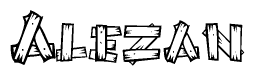 The image contains the name Alezan written in a decorative, stylized font with a hand-drawn appearance. The lines are made up of what appears to be planks of wood, which are nailed together