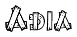 The image contains the name Adia written in a decorative, stylized font with a hand-drawn appearance. The lines are made up of what appears to be planks of wood, which are nailed together