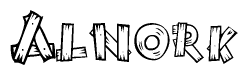 The clipart image shows the name Alnork stylized to look like it is constructed out of separate wooden planks or boards, with each letter having wood grain and plank-like details.