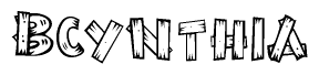 The image contains the name Bcynthia written in a decorative, stylized font with a hand-drawn appearance. The lines are made up of what appears to be planks of wood, which are nailed together