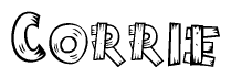 The image contains the name Corrie written in a decorative, stylized font with a hand-drawn appearance. The lines are made up of what appears to be planks of wood, which are nailed together