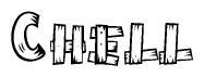 The image contains the name Chell written in a decorative, stylized font with a hand-drawn appearance. The lines are made up of what appears to be planks of wood, which are nailed together
