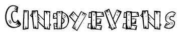 The clipart image shows the name Cindyevens stylized to look like it is constructed out of separate wooden planks or boards, with each letter having wood grain and plank-like details.
