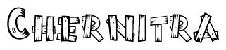 The image contains the name Chernitra written in a decorative, stylized font with a hand-drawn appearance. The lines are made up of what appears to be planks of wood, which are nailed together