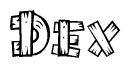 The image contains the name Dex written in a decorative, stylized font with a hand-drawn appearance. The lines are made up of what appears to be planks of wood, which are nailed together