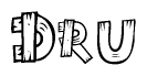 The image contains the name Dru written in a decorative, stylized font with a hand-drawn appearance. The lines are made up of what appears to be planks of wood, which are nailed together
