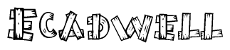The image contains the name Ecadwell written in a decorative, stylized font with a hand-drawn appearance. The lines are made up of what appears to be planks of wood, which are nailed together