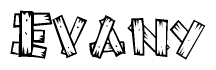 The clipart image shows the name Evany stylized to look as if it has been constructed out of wooden planks or logs. Each letter is designed to resemble pieces of wood.