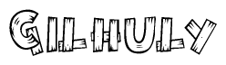 The clipart image shows the name Gilhuly stylized to look as if it has been constructed out of wooden planks or logs. Each letter is designed to resemble pieces of wood.