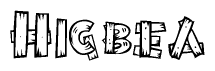 The image contains the name Higbea written in a decorative, stylized font with a hand-drawn appearance. The lines are made up of what appears to be planks of wood, which are nailed together