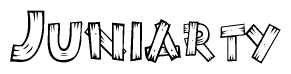 The clipart image shows the name Juniarty stylized to look as if it has been constructed out of wooden planks or logs. Each letter is designed to resemble pieces of wood.