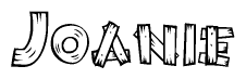 The image contains the name Joanie written in a decorative, stylized font with a hand-drawn appearance. The lines are made up of what appears to be planks of wood, which are nailed together