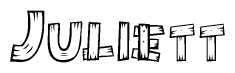 The image contains the name Juliett written in a decorative, stylized font with a hand-drawn appearance. The lines are made up of what appears to be planks of wood, which are nailed together