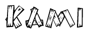 The image contains the name Kami written in a decorative, stylized font with a hand-drawn appearance. The lines are made up of what appears to be planks of wood, which are nailed together