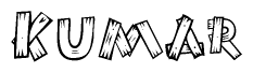 The image contains the name Kumar written in a decorative, stylized font with a hand-drawn appearance. The lines are made up of what appears to be planks of wood, which are nailed together